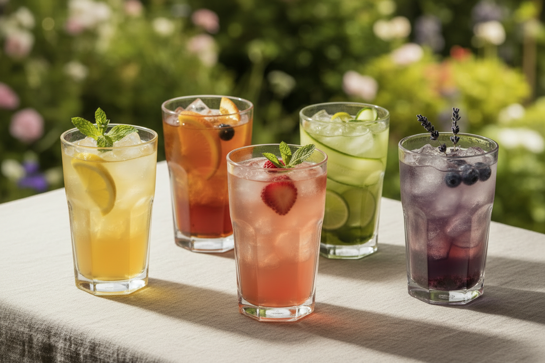 Four glasses of colorful loose-leaf iced teas from Tea Journeys