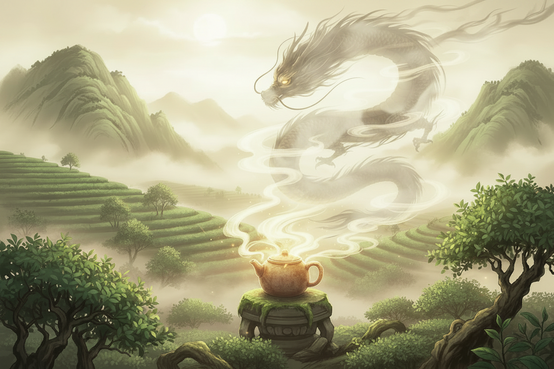 A dragon illustration representing the Black Dragon origin story of oolong tea