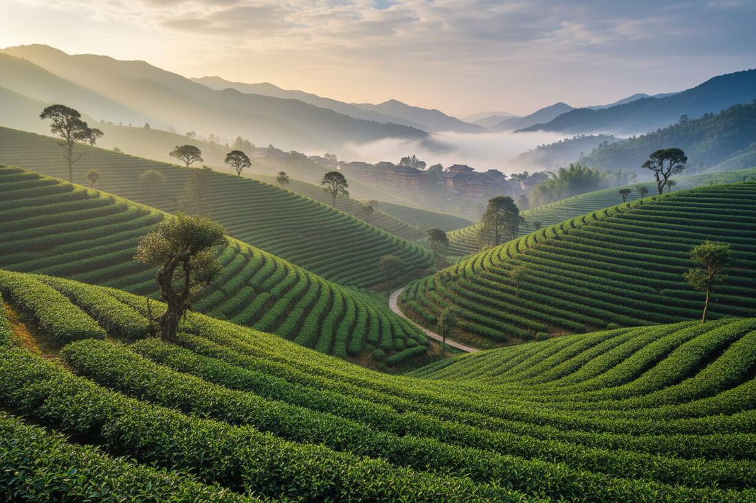 Green rolling hills of a Yunnan tea garden with misty clouds