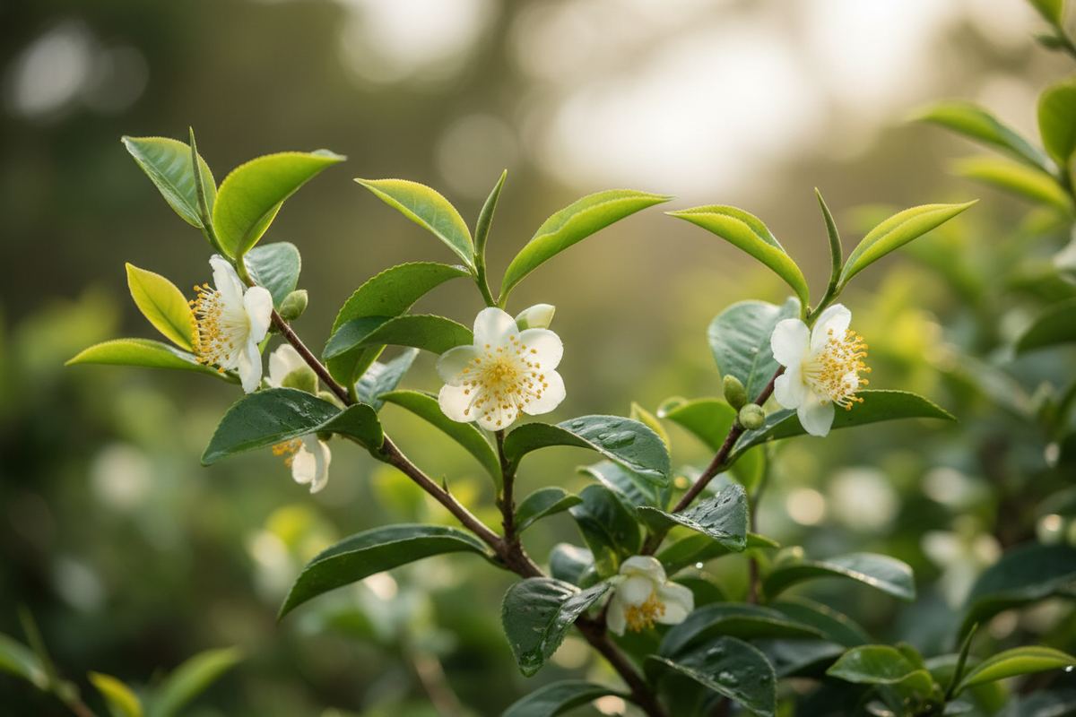 Fresh Camellia Sinensis tea leaves and white blossoms on a branch with soft natural light