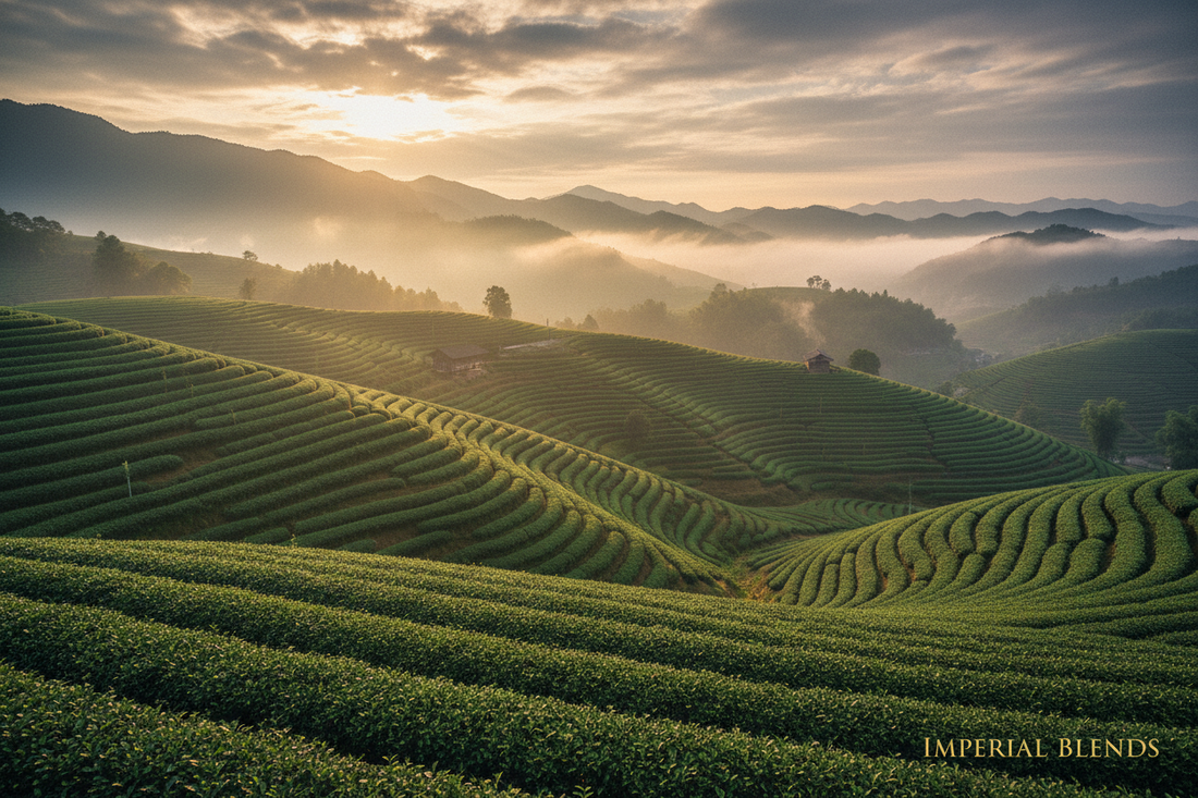 Misty mountain tea terraces in China at dawn, representing Chinese tea terroir