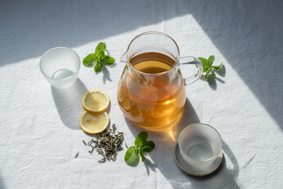 A glass pitcher of golden-amber cold brew tea with loose-leaf tea, fresh mint, and lemon slices on soft white linen 