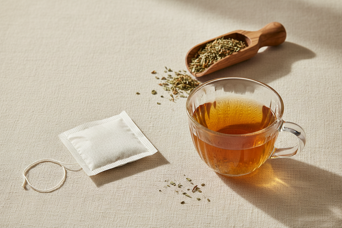 A small fill-your-own tea bag beside a cup of tea on a linen surface
