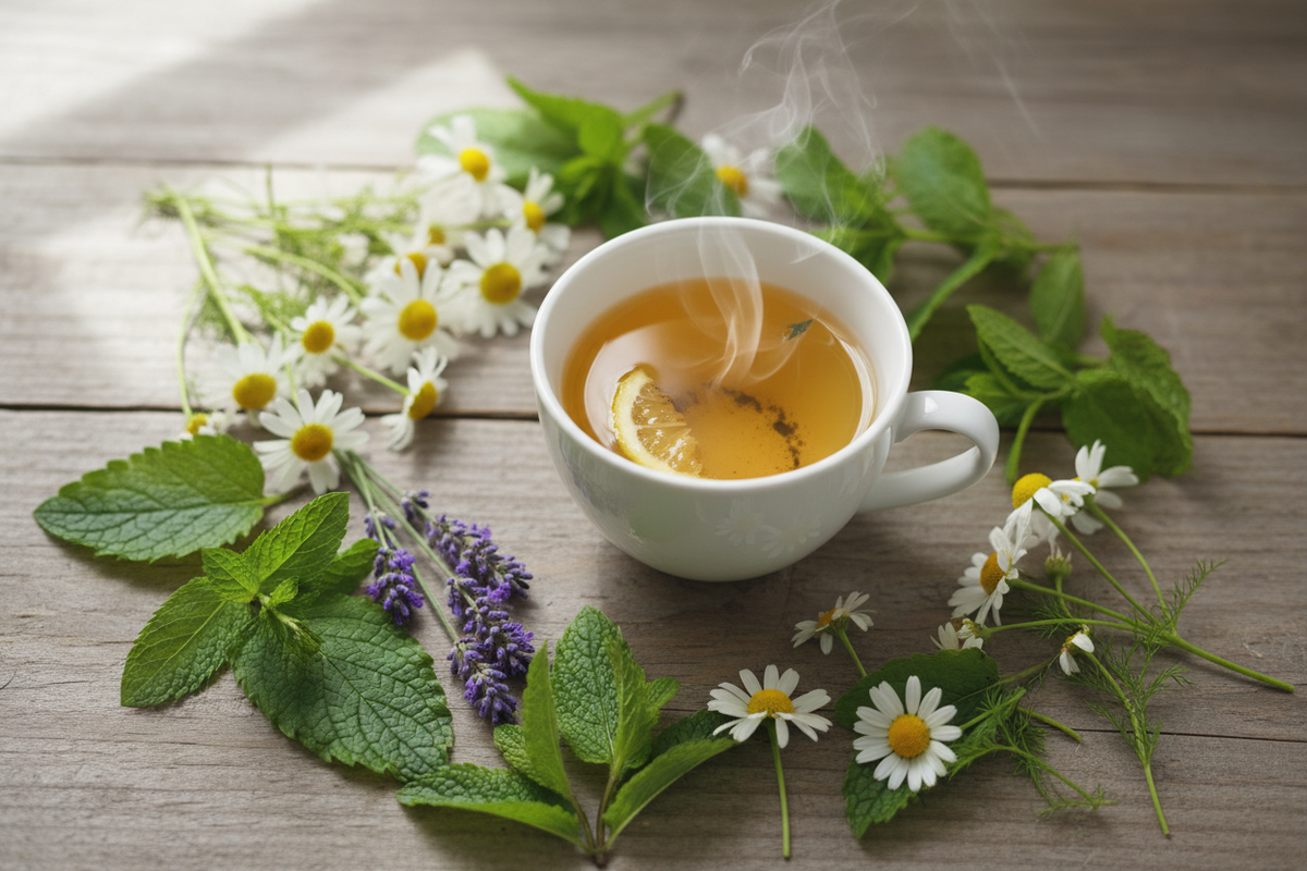 Fresh garden herbs including chamomile, mint, and lavender arranged around a ceramic cup of golden herbal tea