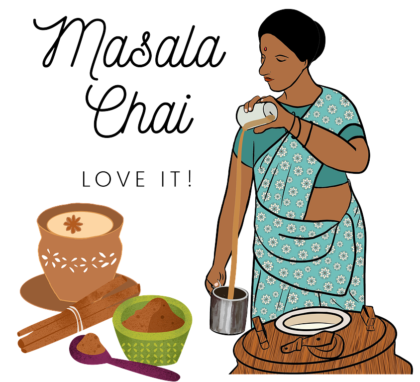 illustration of a woman dressed in a blue sari making chai tea