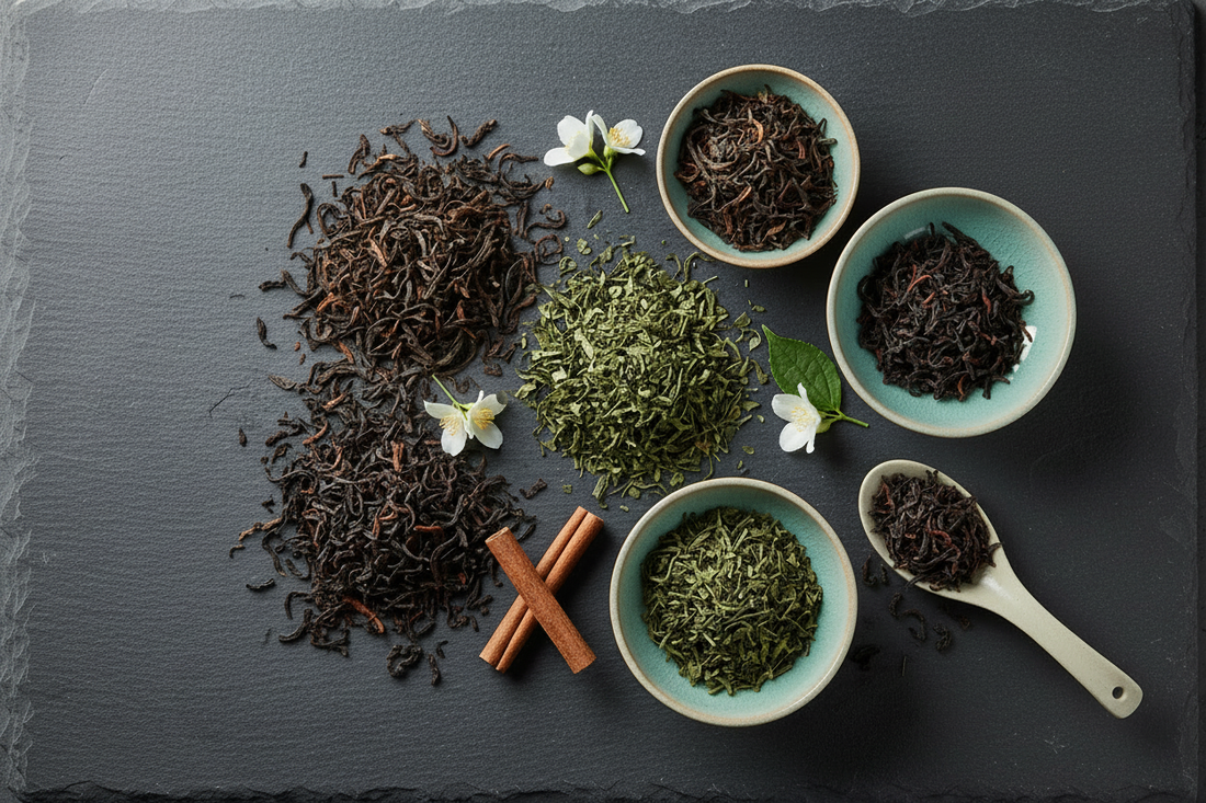 Assorted loose-leaf teas in ceramic bowls on a dark slate surface with jasmine blossoms and cinnamon accents