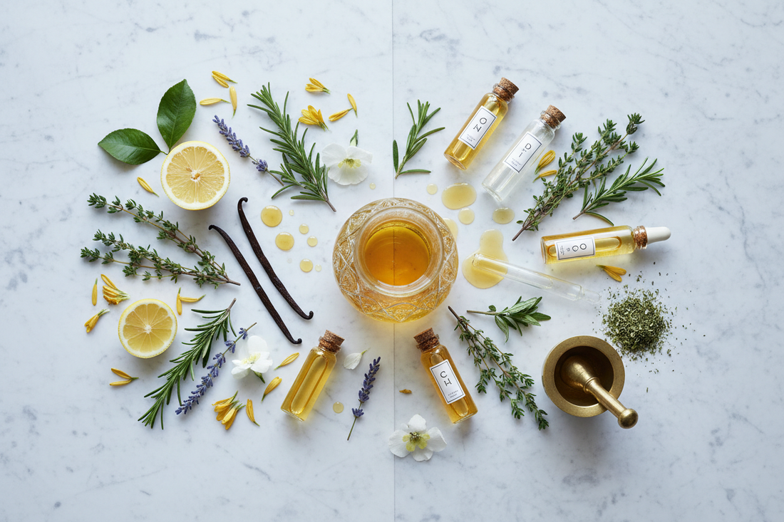 A split flat-lay showing fresh botanicals like lemon and vanilla on one side and glass vials with golden extract on the other, representing natural vs. artificial tea flavoring