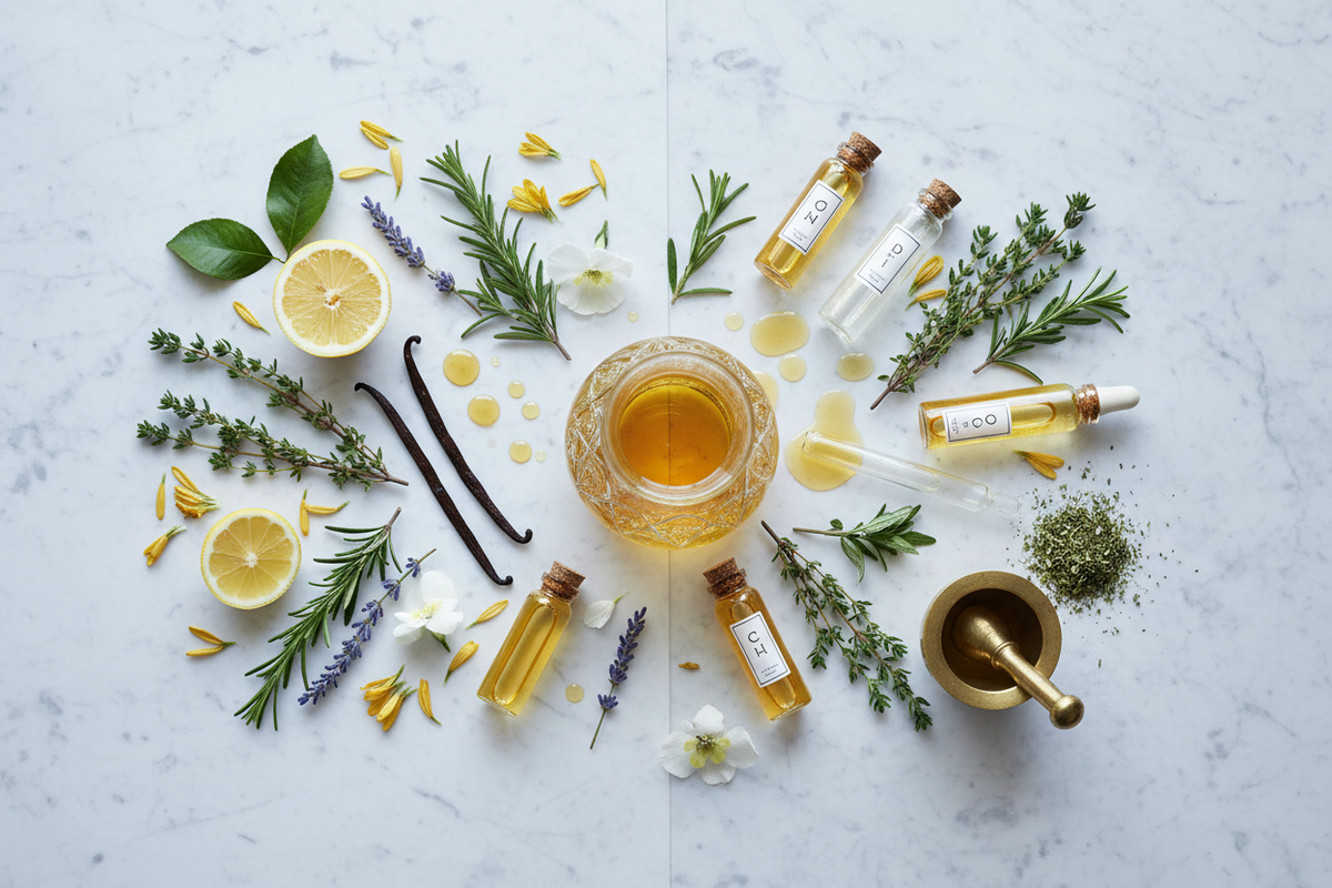 A split flat-lay showing fresh botanicals like lemon and vanilla on one side and glass vials with golden extract on the other, representing natural vs. artificial tea flavoring