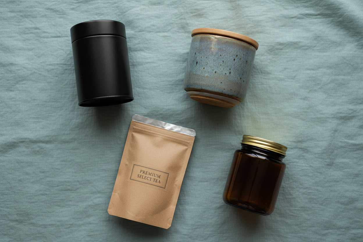 Tea storage canisters & bag on a blue background