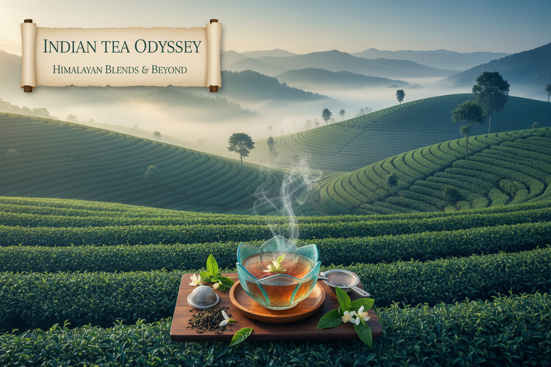 A steaming cup of tea image set on a Himalyan tea field.