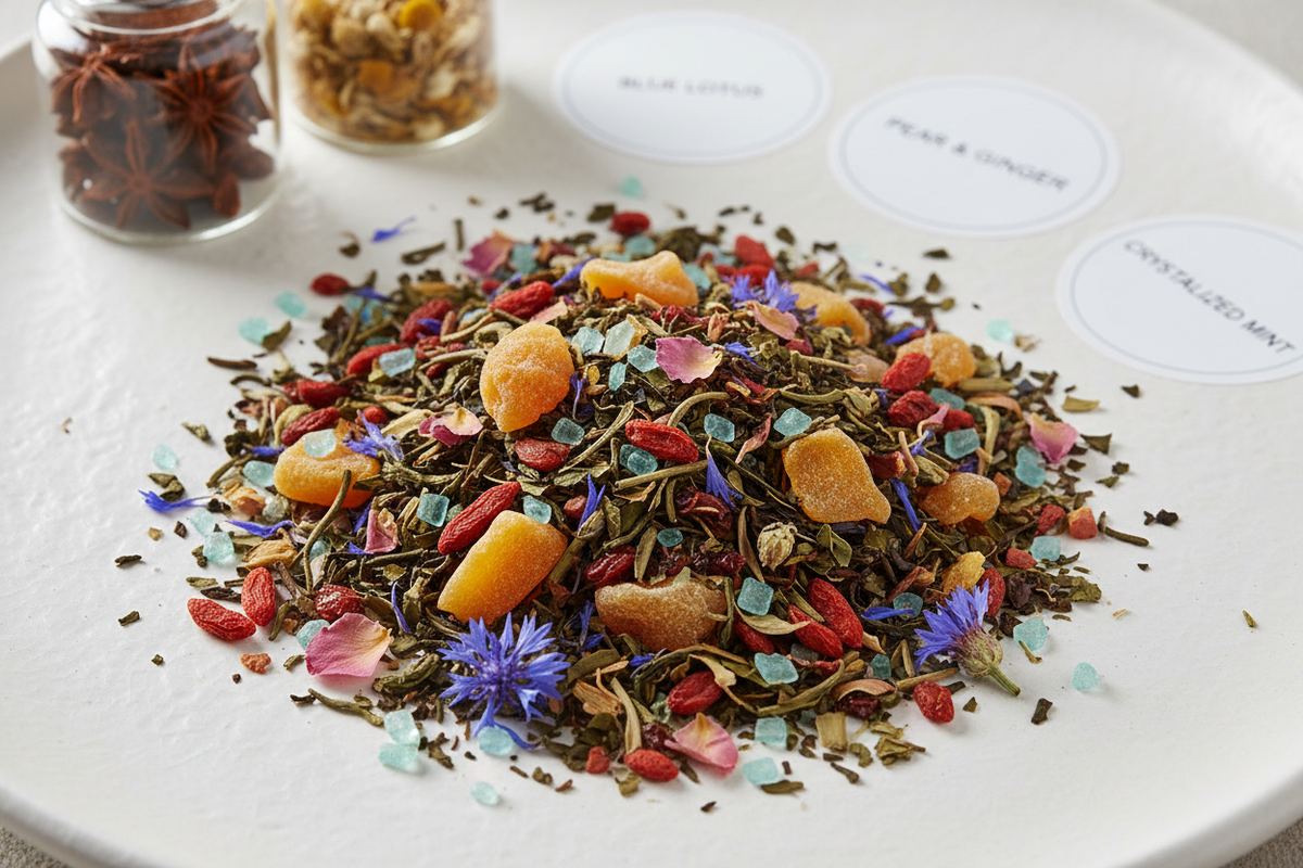 Flat lay of loose-leaf flavored tea blend with botanical inclusions including dried fruit, flower petals, and sugar crystals