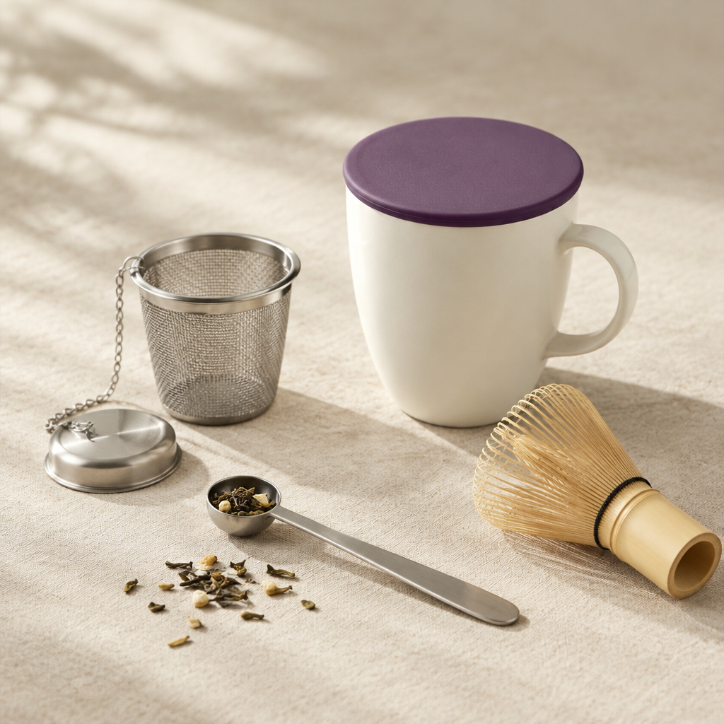 Stainless-steel tea infuser, bamboo matcha whisk, tea measuring spoon, and a white mug with a purple silicone cover on ivory linen.