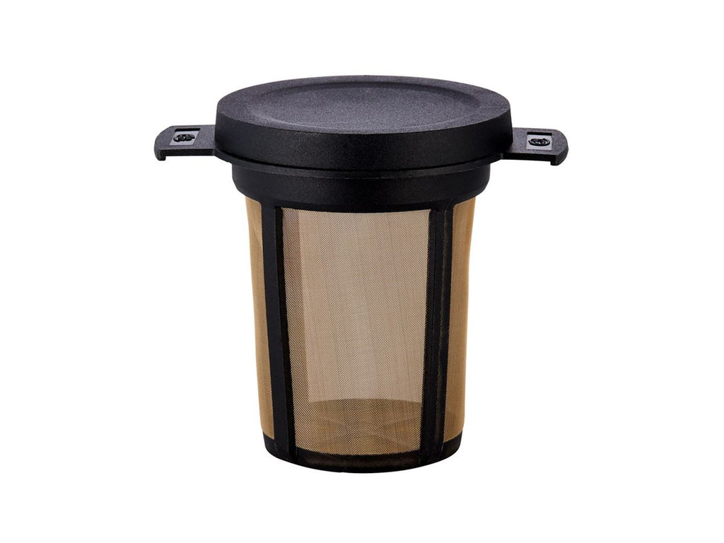 A cylindrical mesh coffee filter cone with a black plastic lid and side tabs, shown on a plain white background.