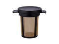 A cylindrical mesh coffee filter cone with a black plastic lid and side tabs, shown on a plain white background.