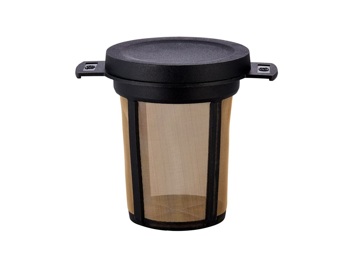 A cylindrical mesh coffee filter cone with a black plastic lid and side tabs, shown on a plain white background.