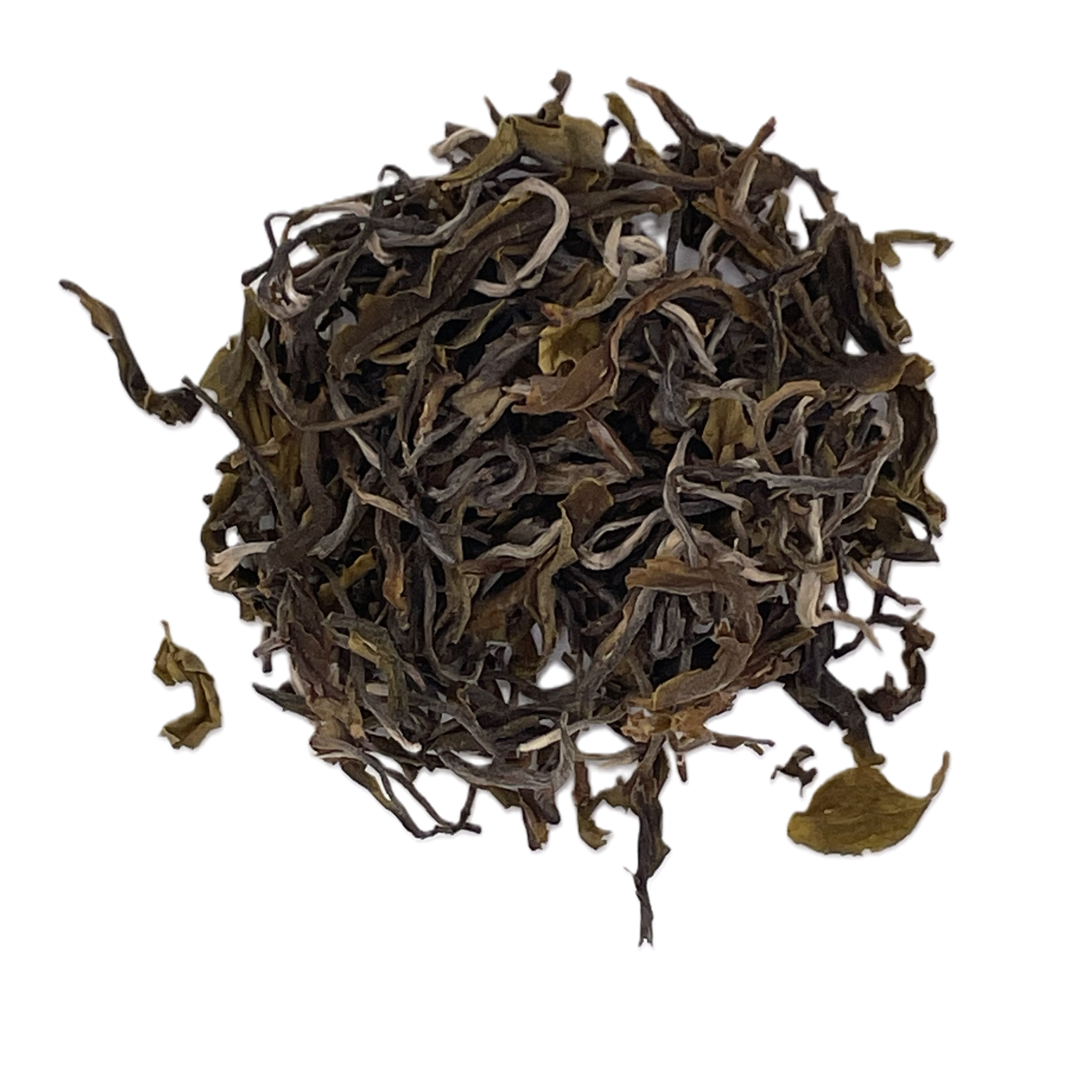 Dry Darjeeling tea leaves on a white background
