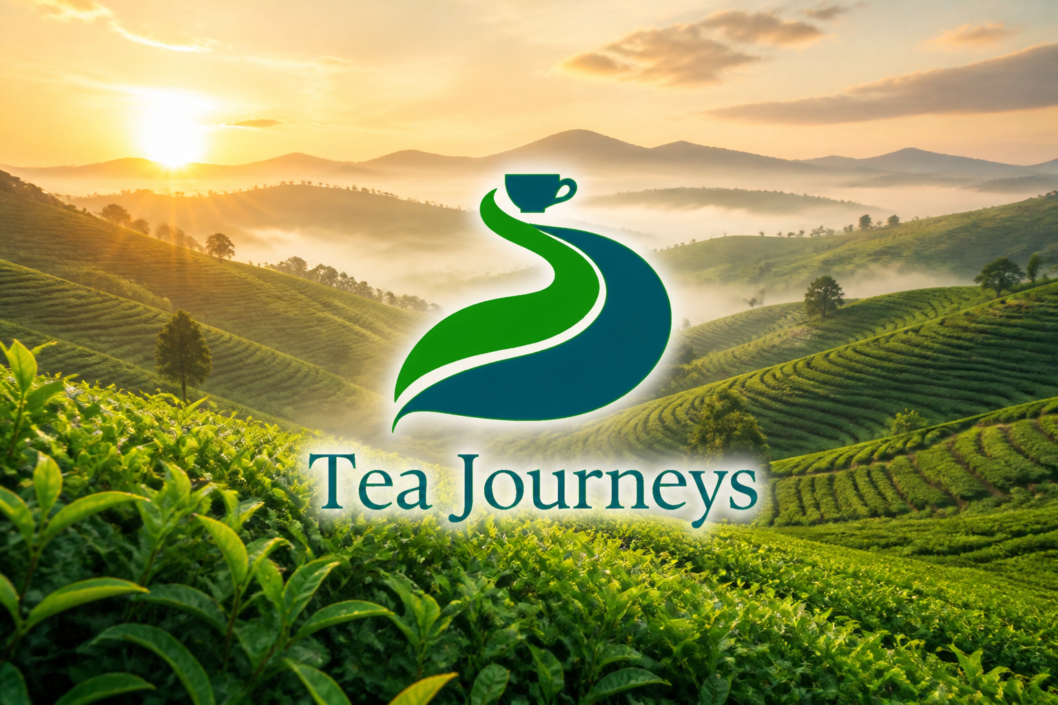 Tea Journeys logo with a scenic background of tea fields and mountains.