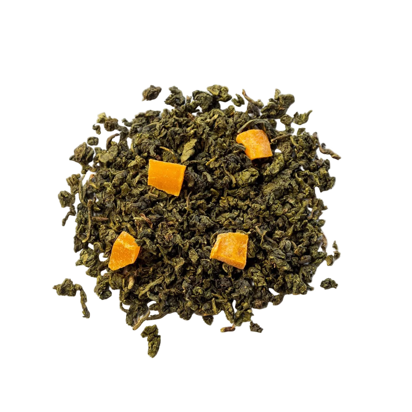Green oolong tea with mango pieces scattered throughout