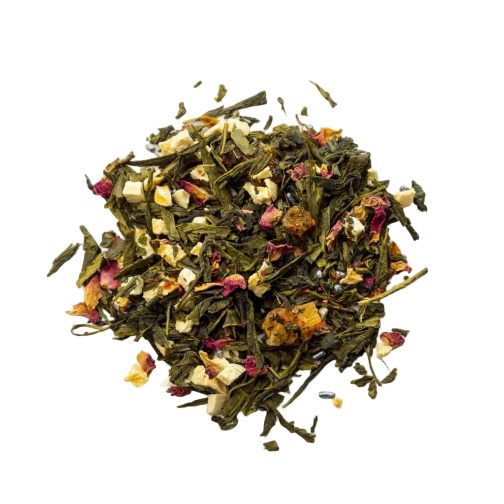 A mound of green tea leaves sprinkled with peaches, pears and rose petals