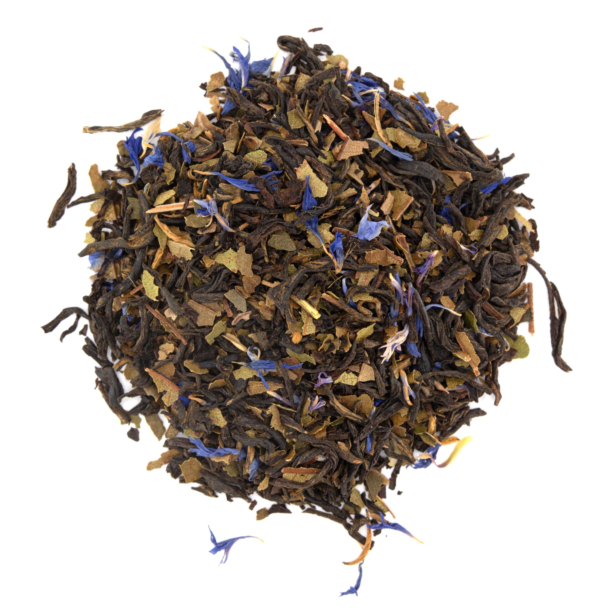 Tea leaves with blue flowers on a white background