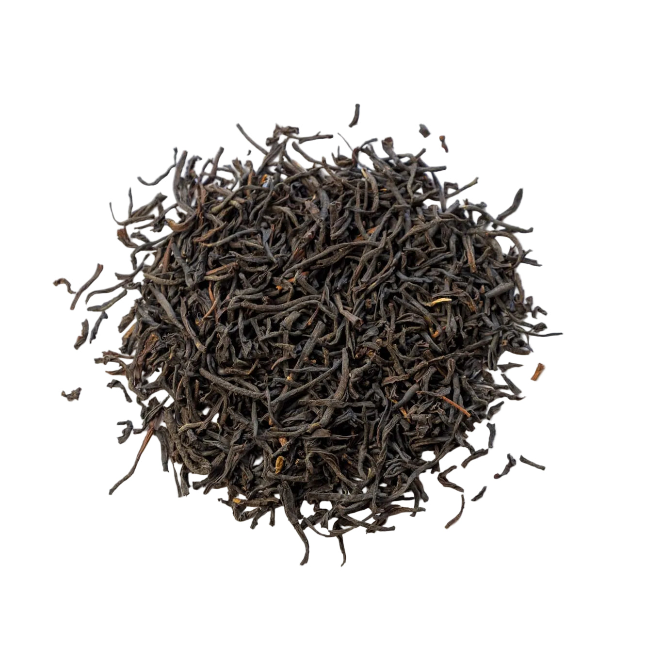 A pile of black wiry tea leaves on a white backgrouind.
