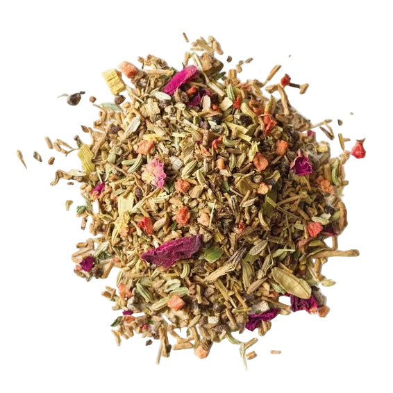 A small pile of loose-leaf herbal tea blend with dried flowers and botanicals, photographed from above on a plain white background.