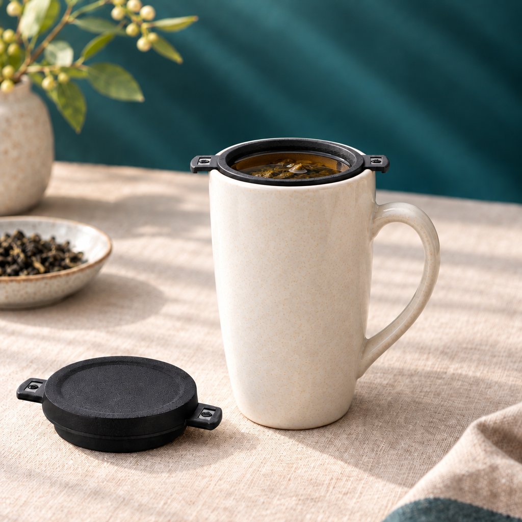 Black-framed mesh infuser seated inside a tall ivory mug of brewed amber tea