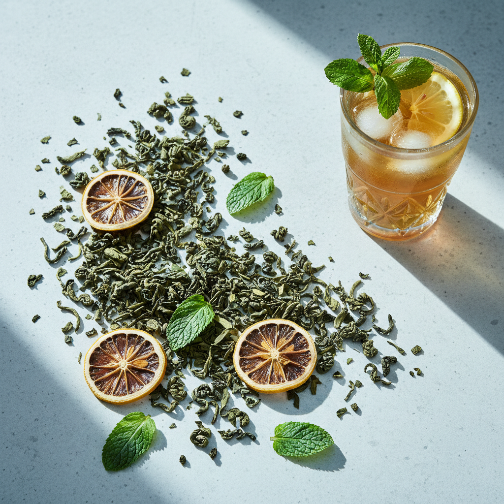 Loose leaf green tea with fresh mint leaves, lemon pieces, and a tall glass of iced mint julep tea with a fresh mint sprig on a light stone surface