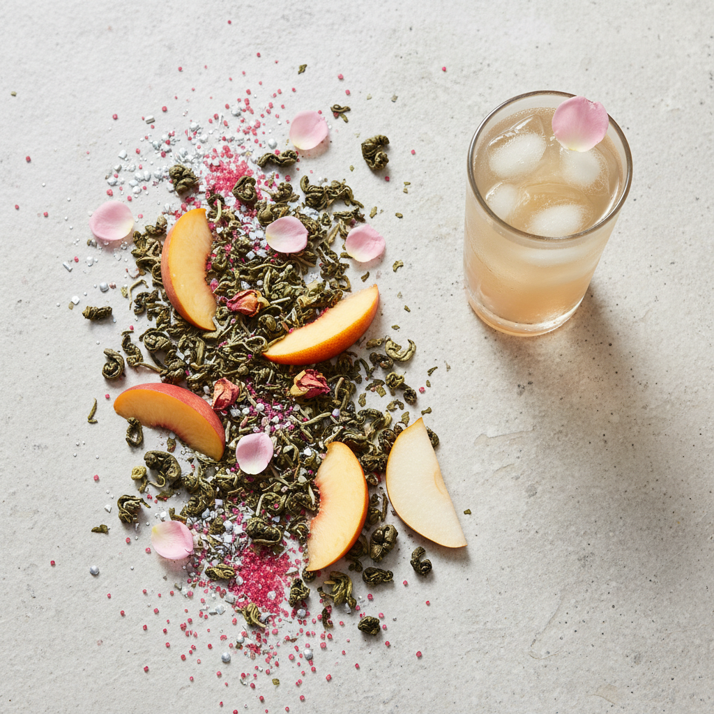 Loose leaf green tea with fresh peach slices, pear pieces, rose petals, silver sprinkles and red sparkling sugar with a glass of iced tea on a light stone surface