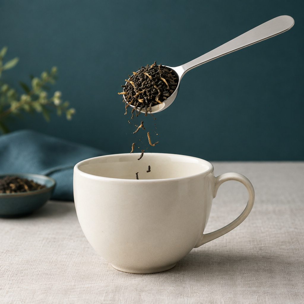 Stainless steel tea measuring spoon tipping loose-leaf tea into an ivory cup
