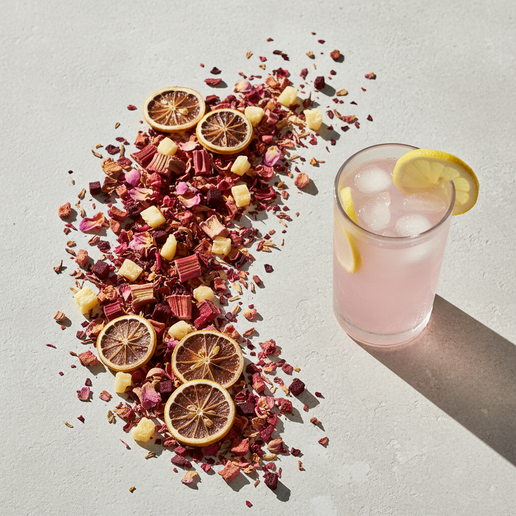 Caffeine-free fruit tea blend with lemon slices, rhubarb, rose petals, pineapple and beetroot with a tall glass of vibrant pink iced lemonade tea on a light stone surface