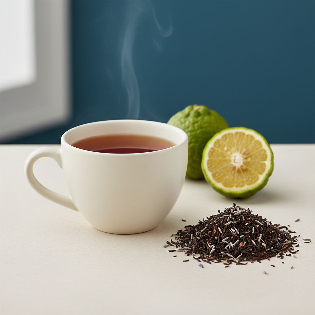 Amber Earl Grey Lavender tea with loose black tea leaves, lavender flowers, and bergamot citrus
