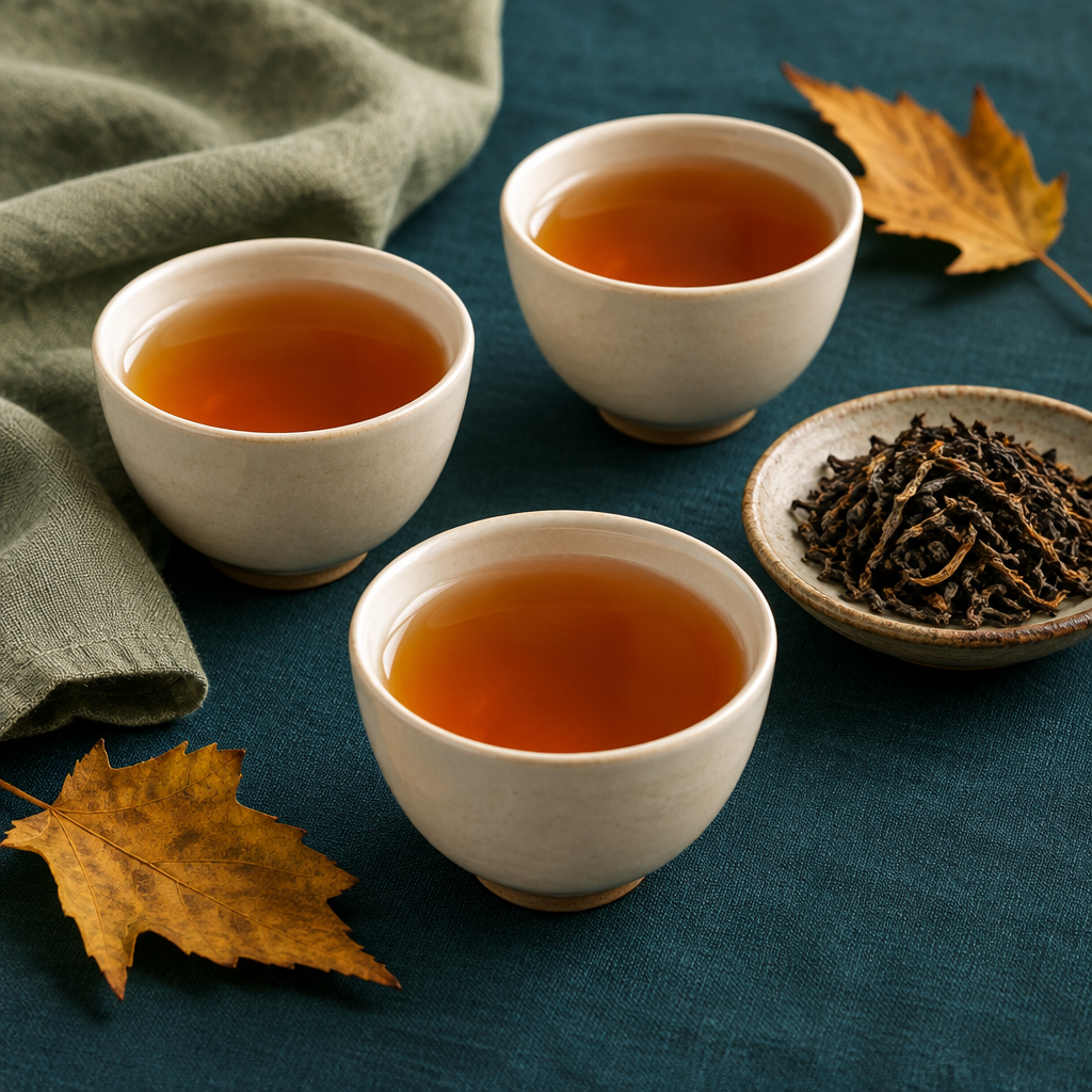 Three ivory cups of amber tea with loose tea leaves and golden autumn leaves on a teal surface.