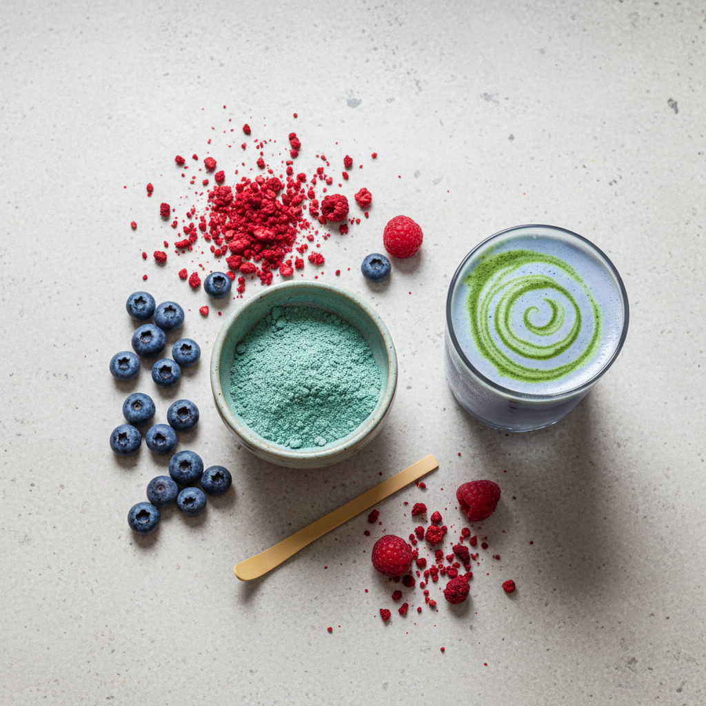 Ceremonial matcha powder with fresh blue raspberries and a vibrant blue-purple matcha latte on a light stone surface