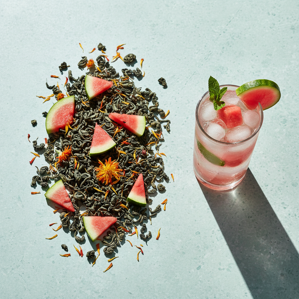 Loose leaf oolong tea with fresh watermelon slices, safflower petals, and a glass of iced watermelon tea on a light stone surface