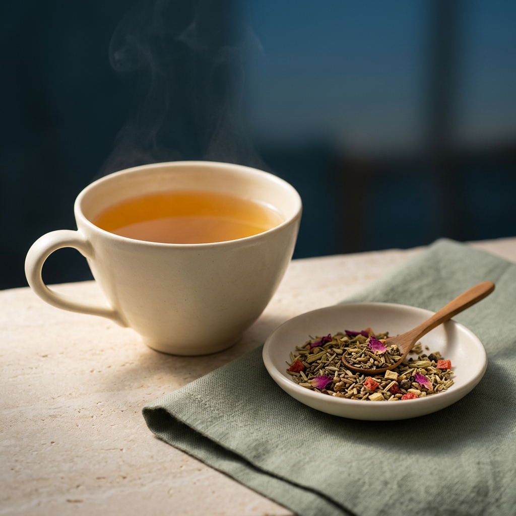 An ivory cup of Sweet Dreams herbal tea beside a dish of loose-leaf blend in a calm blue-teal setting.