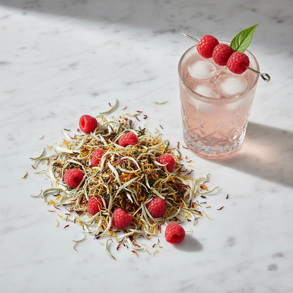 Loose leaf white tea with fresh red raspberries, safflower petals, and an elegant glass of sparkling iced raspberry tea on a light marble surface