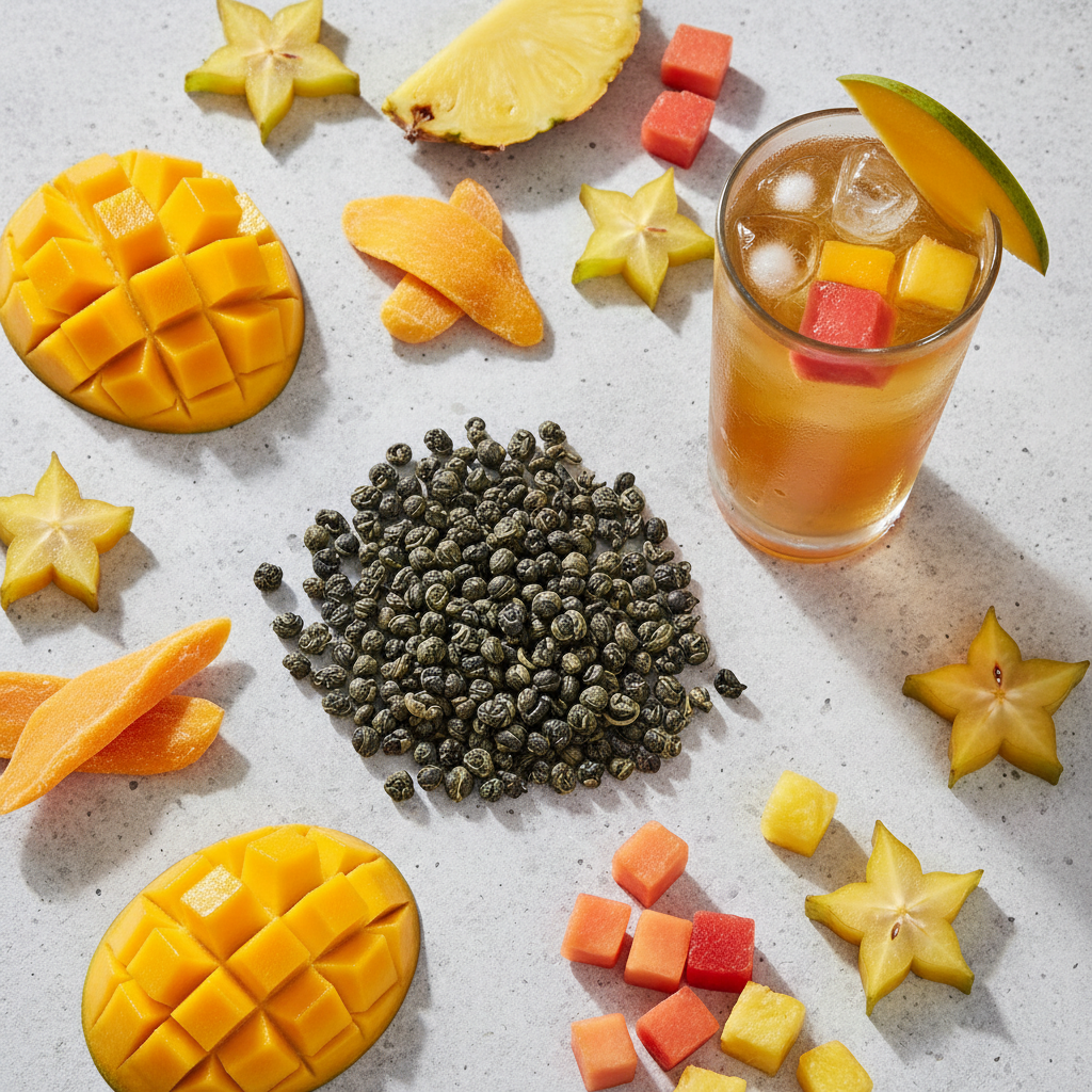 Rolled oolong tea pearls with fresh mango slices, dried mango pieces, and a glass of iced mango tea on a light stone surface