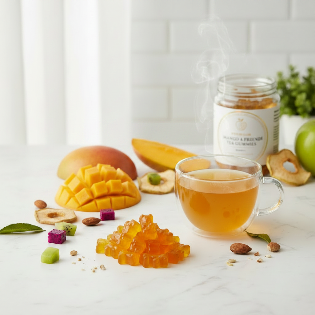 Pile of Mango & Friends Tea Gummies in front of a cup of tea and other fruit