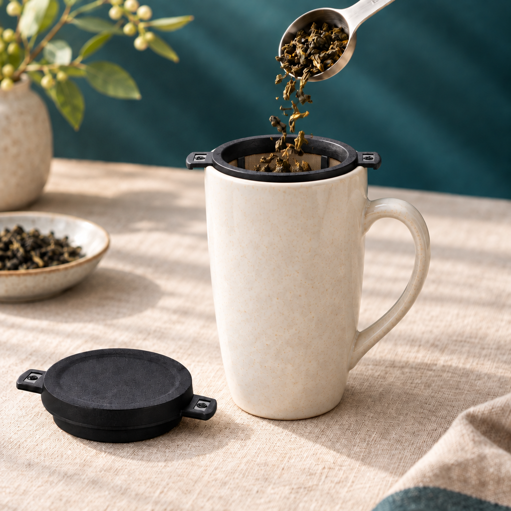 Silver measuring spoon adding loose-leaf tea to a black-framed mesh infuser seated inside a tall ivory mug