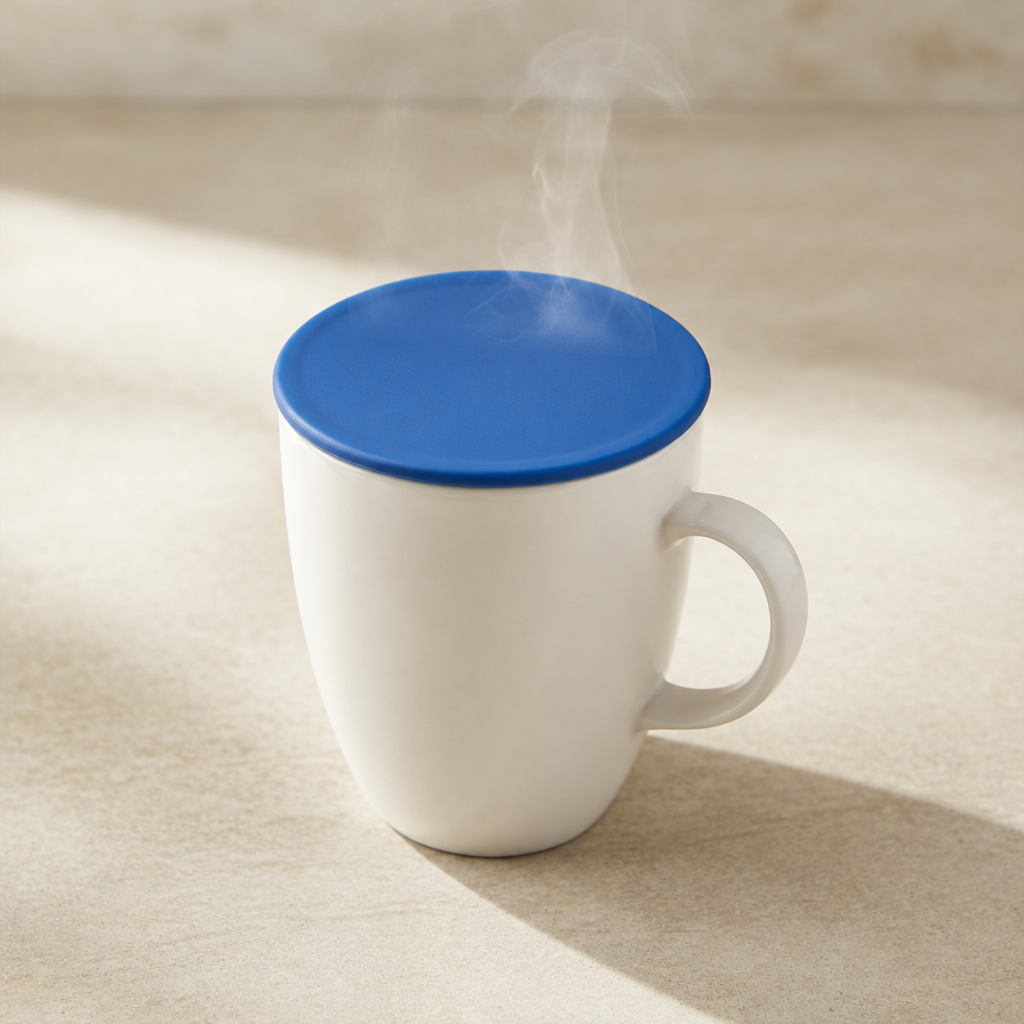White mug with blue lid
