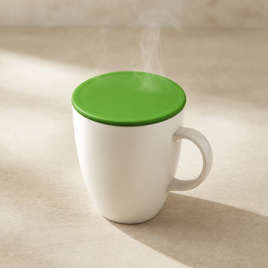 White mug with green lid