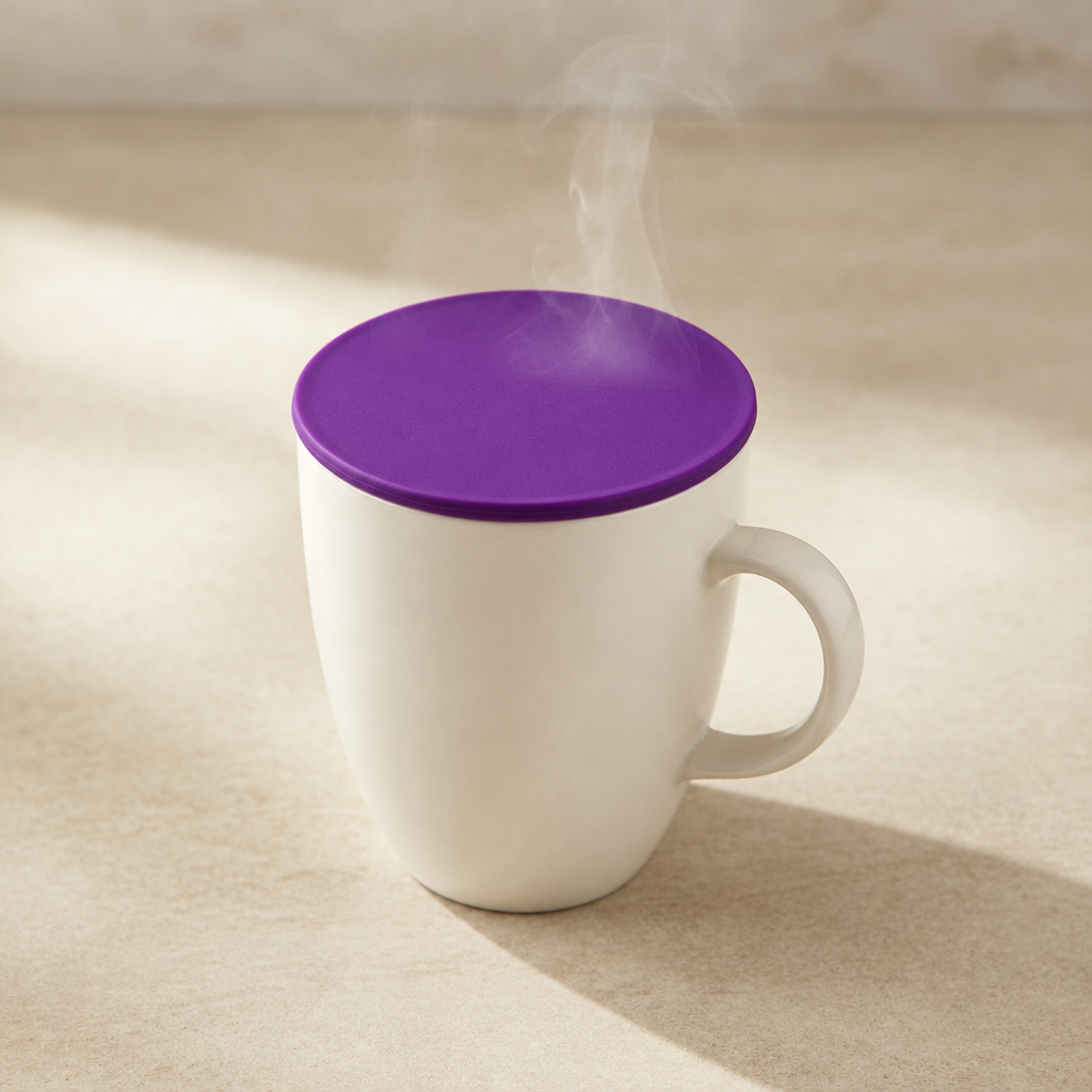 White mug with purple lid